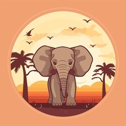 elephant standing near palm trees with sunset clip art