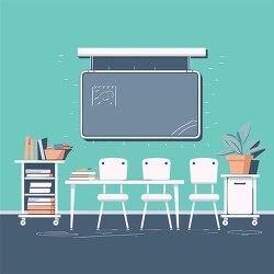 empty classroom with table chairs chalkboard