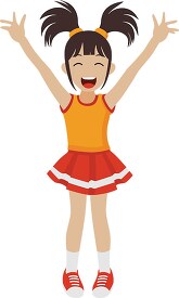 energetic asian cheerleader in red and orange outfit with pigtai