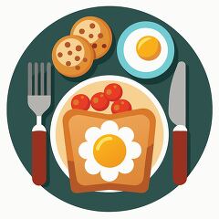 Plate of English breakfast with toast, sunny-side-up egg, cherry tomatoes, and tea on the side