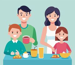 A happy family of four enjoying breakfast together at the dining table with coffee, juice, and a variety of food items