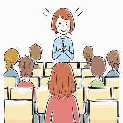 female character addressing an audience in a lecture hall