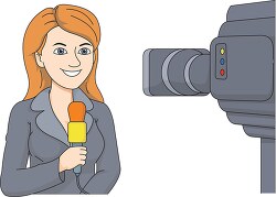 female reporter holding mic in front of camera clipart
