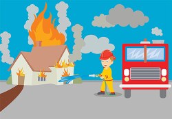 fireman with wter hose fighting a house fire clipart