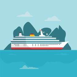 flat design passenger cruise ship near a rocky island