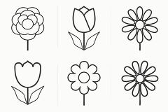 Set of six flower outline icons with simple floral designs, including roses, tulips, and daisies on a white background