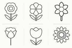 Collection of six flower outline icons featuring diverse flower shapes and petal designs, including round and pointed petals