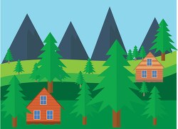 forest trees with cabins in mountains clipart