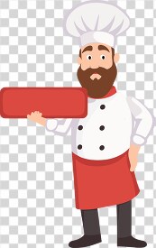 friendly chef in uniform presenting a red sign