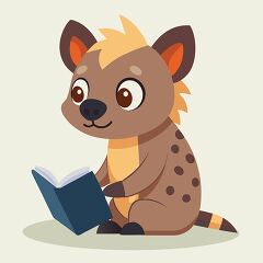 friendly hyena with a light mane reads a blue book