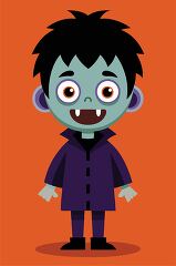 friendly looking zombie kid with big eyes and a dark Halloween costume