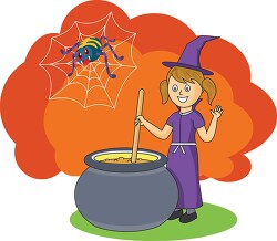 friendly witch stirring caulderon with spider watching clipart