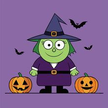 friendly witch with green eyes stands against a purple backgroun