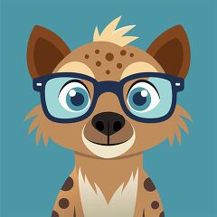 front facing cheerful hyena with glasses and spotted fur