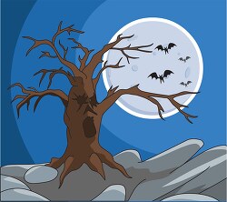 full moon with scary tree and bats halloween