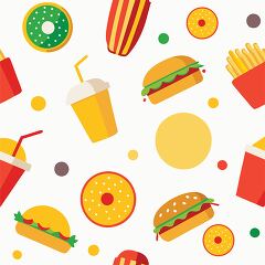 Fun colorful fast food icons scattered across a white background