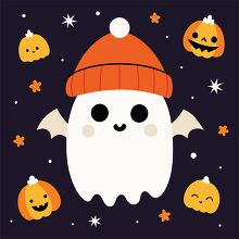 ghost with a beanie and pumpkins for hallloween