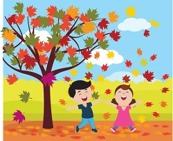 girl and boy throwing leaves in the air celebrating fall clipart