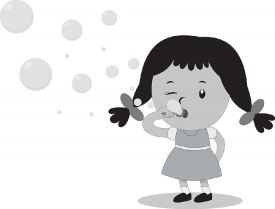 girl blowing bubbles holding wand to lips gray color clipart