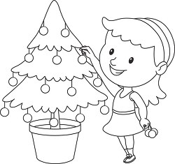 girl decorating christmas tree black outline