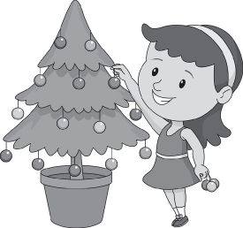 girl decorating christmas tree gray clipart