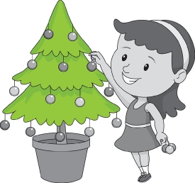 girl decorating christmas tree gray color clipart