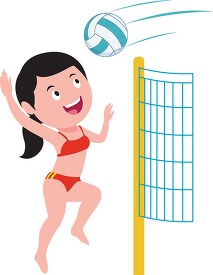 girl hits ball over net playing beach volleyball clipart