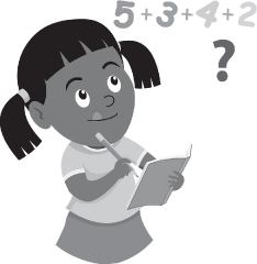 girl holding pencil solving math in note book gray color clipart