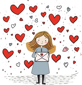 girl holds a large love letter surrounded by red hearts