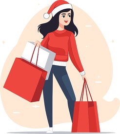 girl in festive red coat and a Santa hat carries holiday shopping