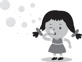 girl kid blowing bubbles holding wand to lips and blowing bubble