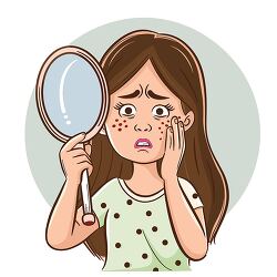Girl looking at her acne in a mirror appearing worried