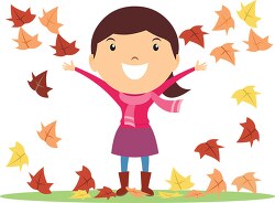 girl playing with leaves fall autumn clipart