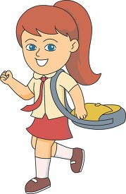 girl running towards school in school uniform