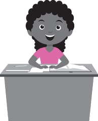 girl sitting on her desk in classroom school gray color clipart
