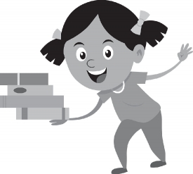 girl standing balancing books in hand gray color clipart