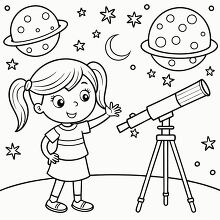 girl stands next to her telescope surrounded by stars and planet