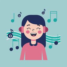 girl wearing headphones is surrounded by musical notes