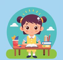 girl with pigtails sitting at a school desk