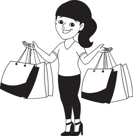 girl with shopping bags black outline clipart