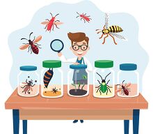 glass jars of various insects on a lab table and in the air surr