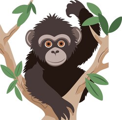 gorilla sits in a tree bracch with foliage