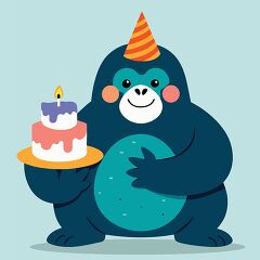 gorilla wearing party hat holds a pink and white birthday cake