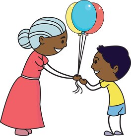 grandmother giving colorful balloons to child clip art