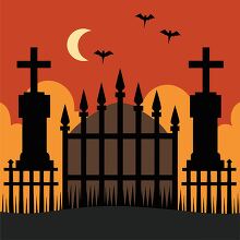 graveyard fence with tall spires stands against an orange sky