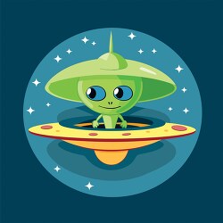 green alien in a flying saucer with twinkling stars