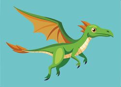green flying dinosaur with wings open blue background