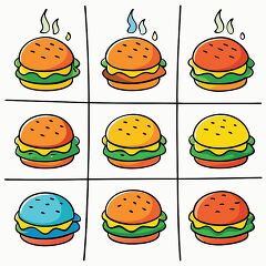 grid layout illustration of various colorful hamburgers