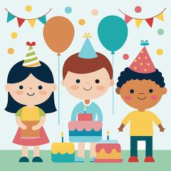 group of children celebrating a birthday with hats balloons and 