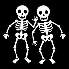 group of happy skeletons having fun in a spooky dance